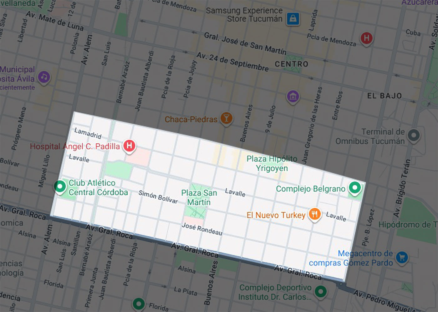 Mapa del Barrio Sur de San Miguel de Tucumán, delimitado por calle General Paz, avenida Roca, avenida Sáenz Peña y avenida Alem
