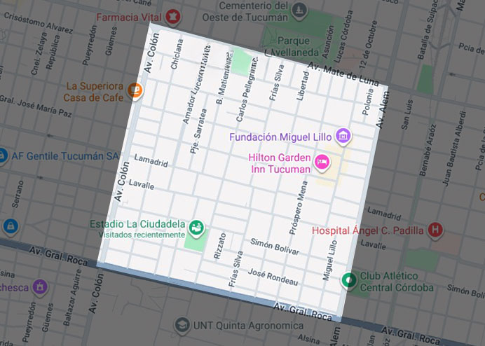 Mapa del Barrio Ciudadela de San Miguel de Tucumán, delimitado por avenida Mate de Luna, avenida Alem, avenida Roca y avenida Colón